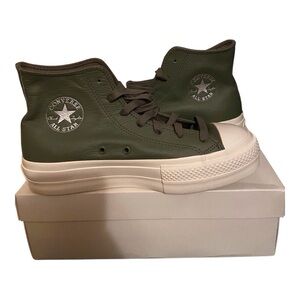 CONVERSE LEATHER OLIVE GREEN LADIES HIGH TOP SNEAKERS